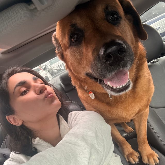 Narges in a car with her dog.